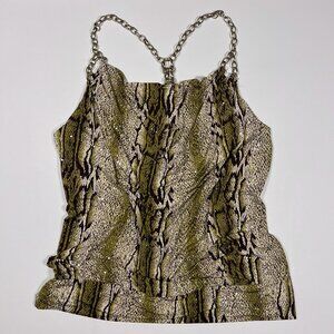 Vintage Y2K Dots Snakeskin Print Green Tan Brown Top With Chain Straps